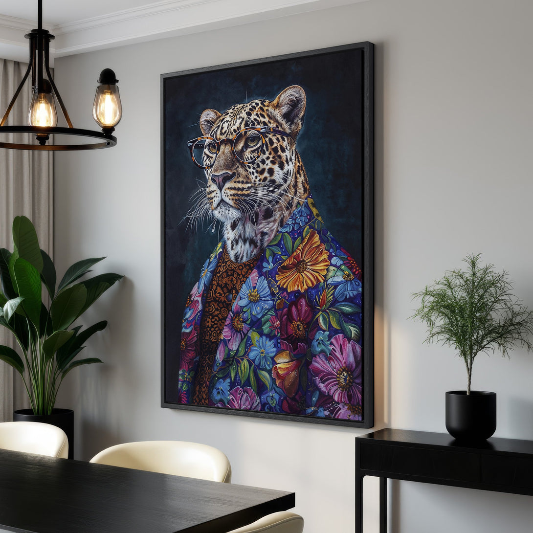 Framed Wall Art featuring a sophisticated leopard in a floral jacket. Vibrant colors pop against a dark background. Add a touch of unique style to your space!