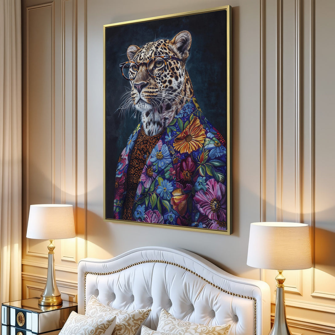 Canvas Print: Stylish leopard art in a colorful floral jacket. Modern wall decor with a vibrant palette of blues, pinks, and greens. Perfect for adding personality!