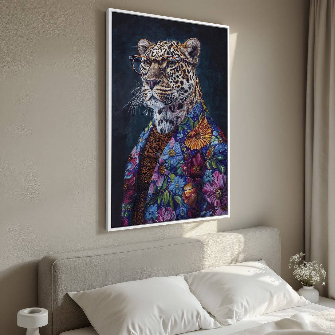 Framed Wall Art featuring a stylish leopard in a floral jacket, vibrant colors. Perfect for adding personality to your bedroom decor!