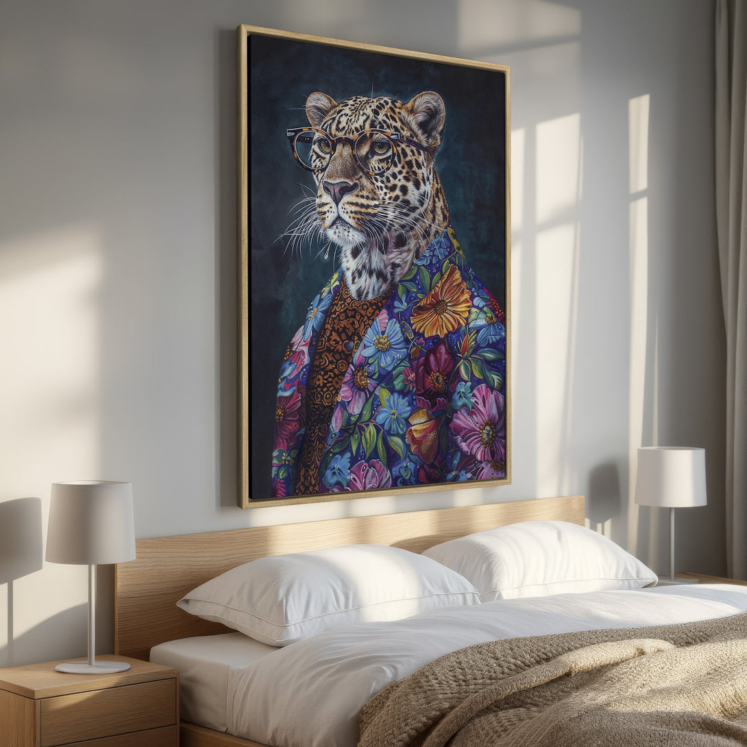 Framed Wall Art of a leopard in glasses and floral jacket, displayed in a bedroom. Vibrant colors and unique style, perfect for home decor.
