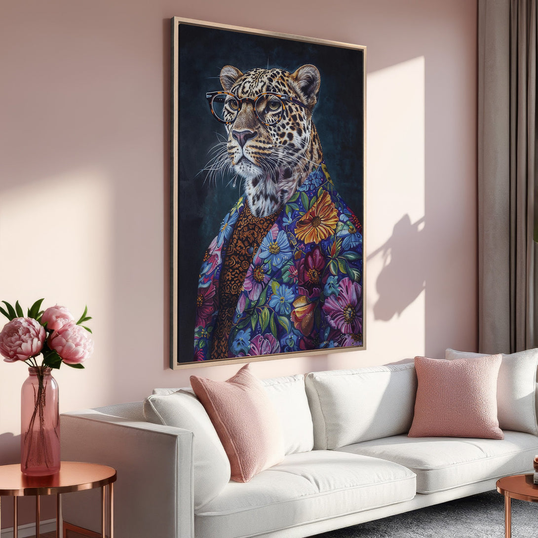 Framed Wall Art: Stylish leopard portrait in floral jacket, showcasing a vibrant color palette. Perfect for adding personality to your home decor.