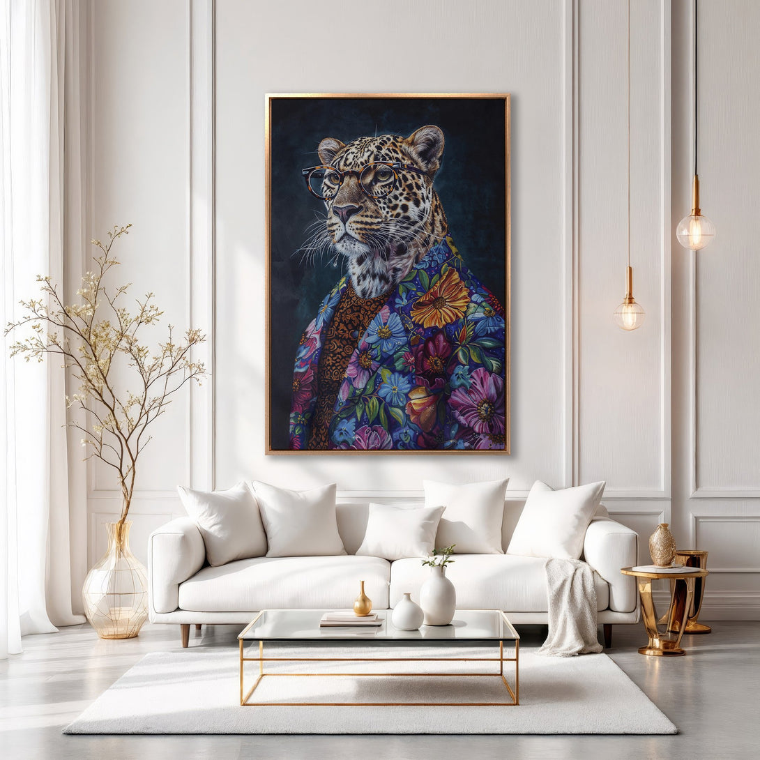 Framed Wall Art: Stylish leopard portrait in floral jacket. Modern art with a vibrant, colorful palette. Perfect for living room decor.