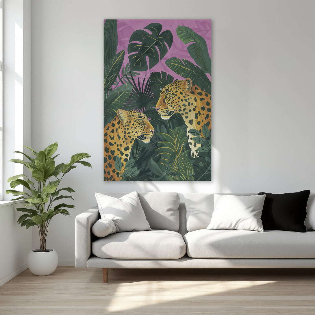 Framed Wall Art: Leopard print jungle scene with vibrant green, purple, and gold hues. Adds a touch of exotic elegance to any interior. Shop now!