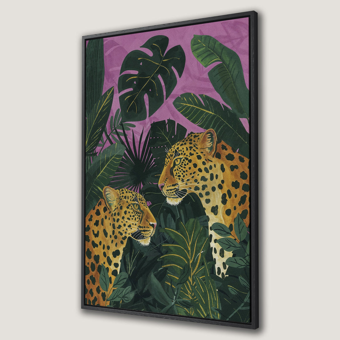 Framed Wall Art featuring a vibrant jungle scene with leopards. Bold green foliage and a purple backdrop create a striking contrast. Add a touch of the wild to your decor!