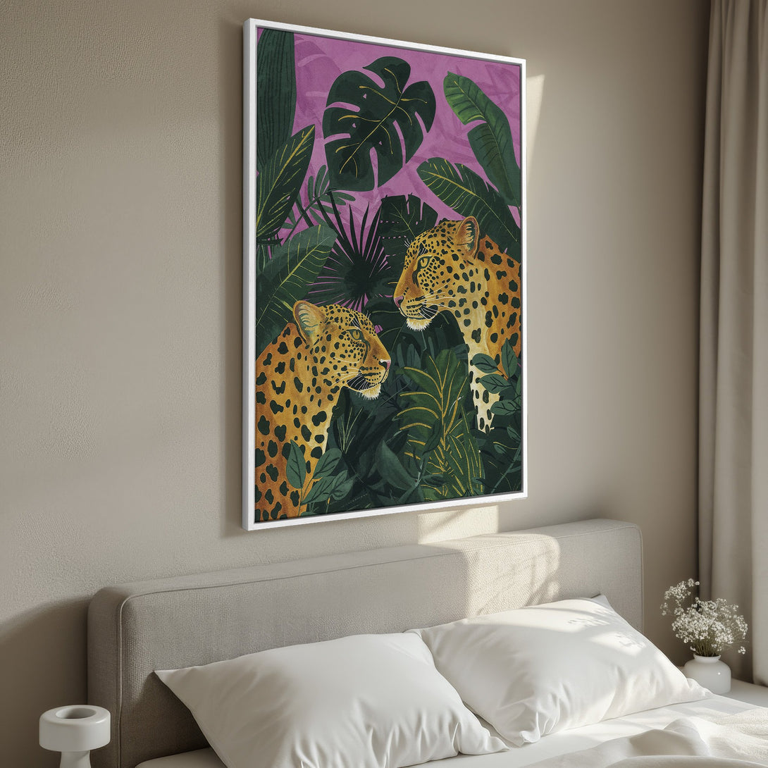 Framed Wall Art: Stunning leopard print canvas art in a tropical jungle setting. Featuring a vibrant green, purple, and gold color palette. Perfect for adding a touch of the wild!