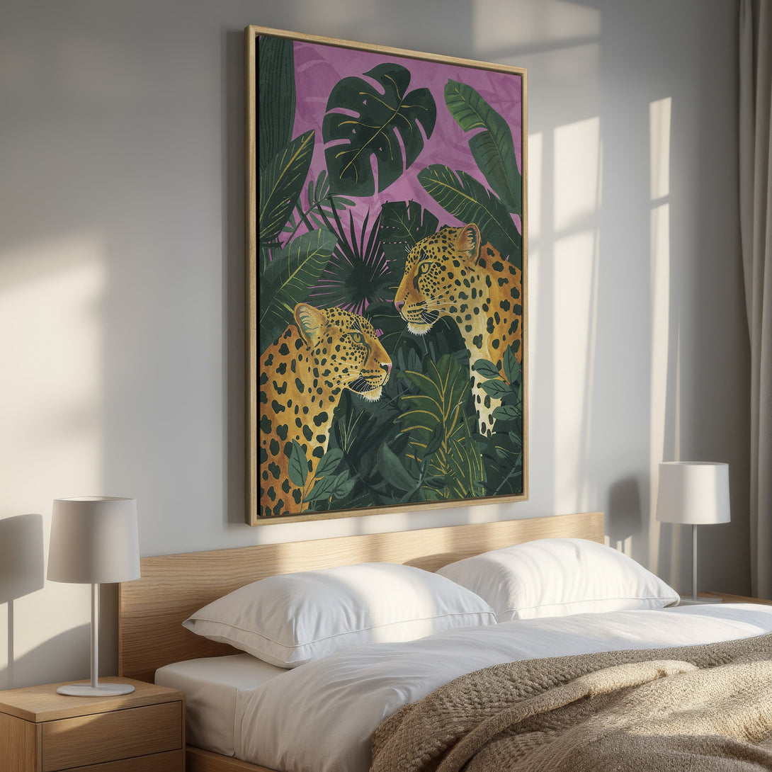 Framed Wall Art featuring leopards in a jungle scene. Vibrant green, purple, and yellow color palette. Perfect for adding a touch of the exotic to your home decor.