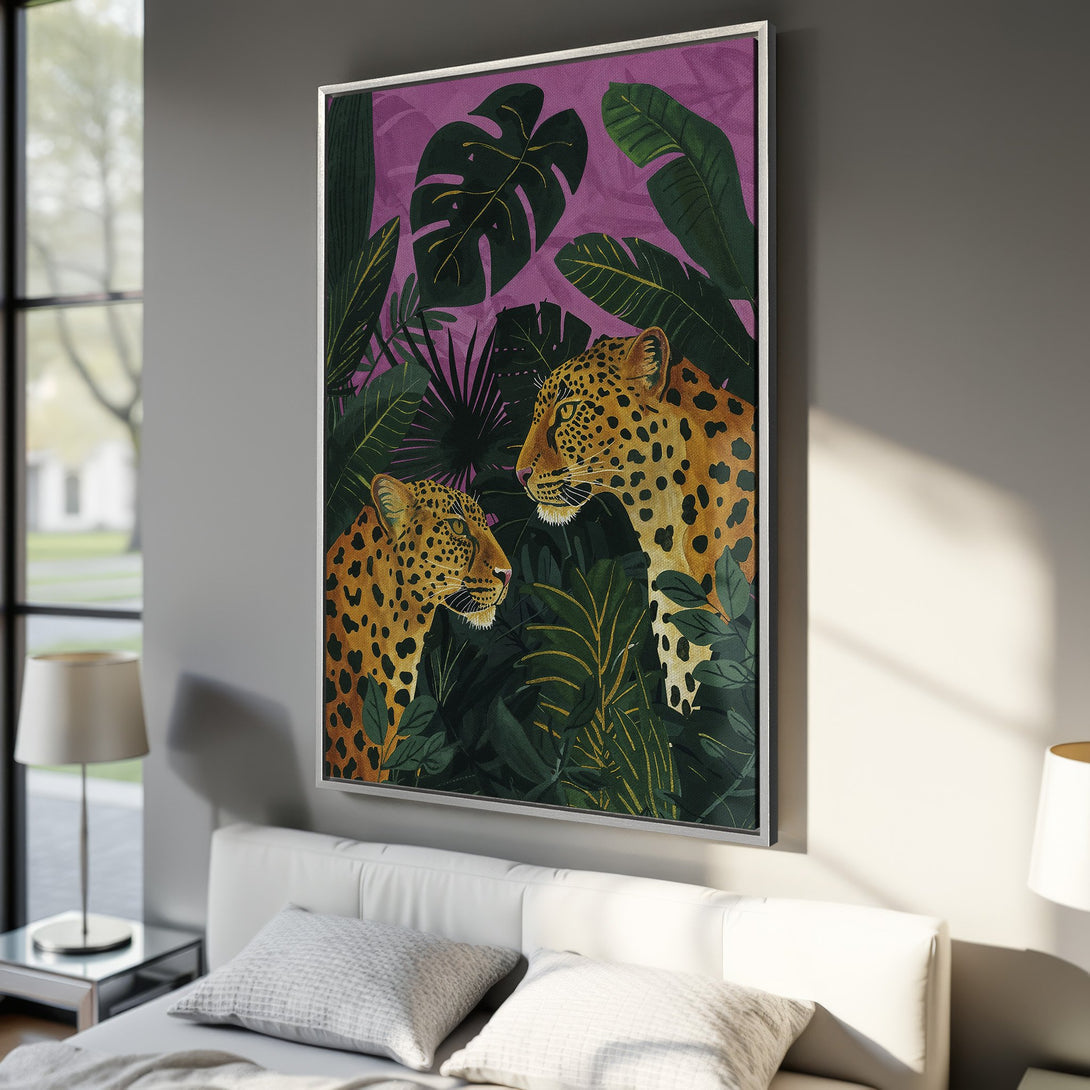 Framed Wall Art featuring a vibrant jungle scene with leopards. Rich green, purple, and gold color palette. Perfect for adding a touch of exotic style to your home decor.