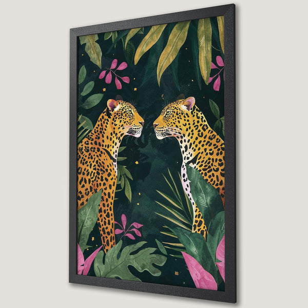 Framed Poster featuring leopards in a lush jungle scene. Watercolor style with a dark green, pink, and yellow color palette. Perfect wall art!