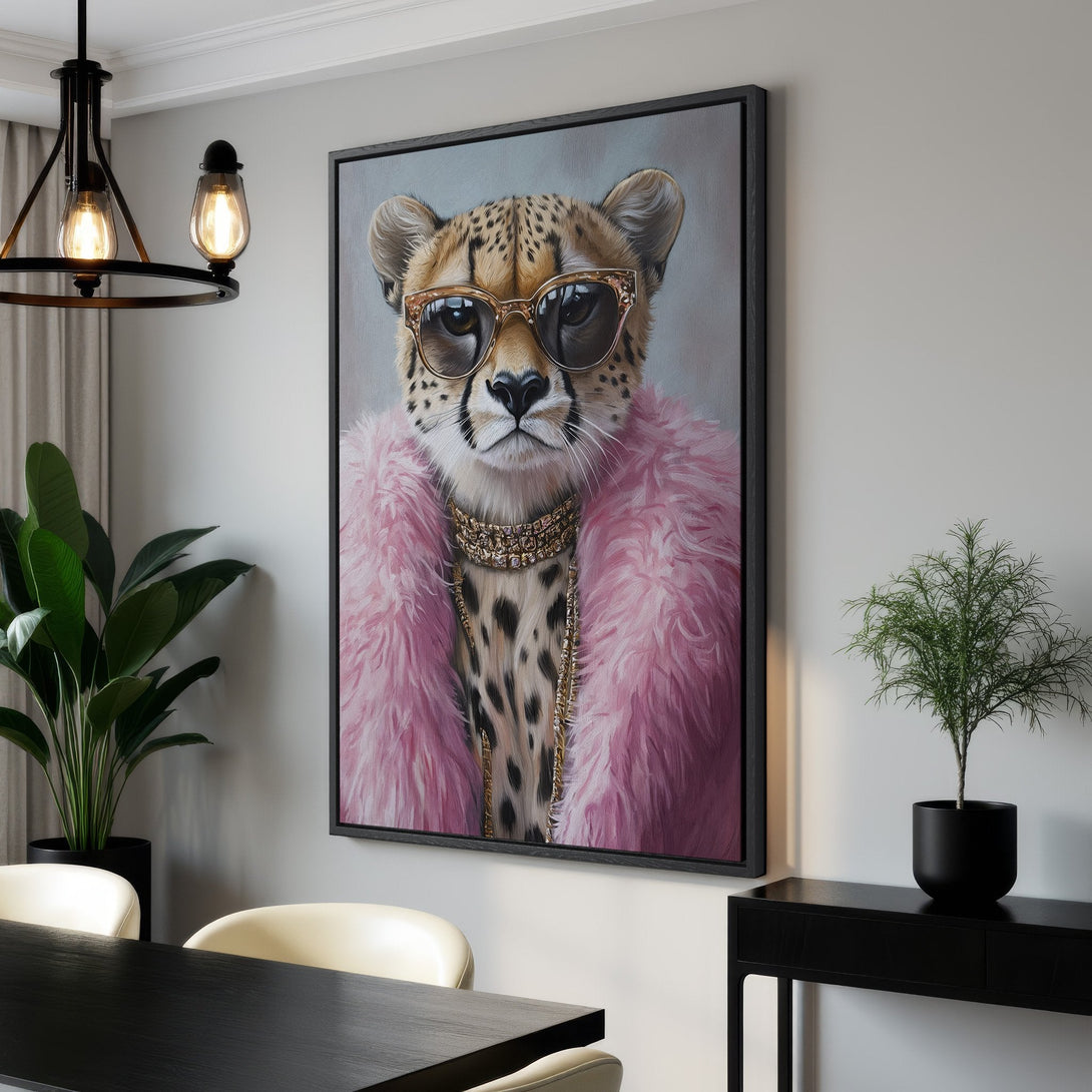 Framed Wall Art: Stylish cheetah portrait in pink and gold. Modern canvas print adds a touch of luxury to any interior. Shop now for statement wall decor!
