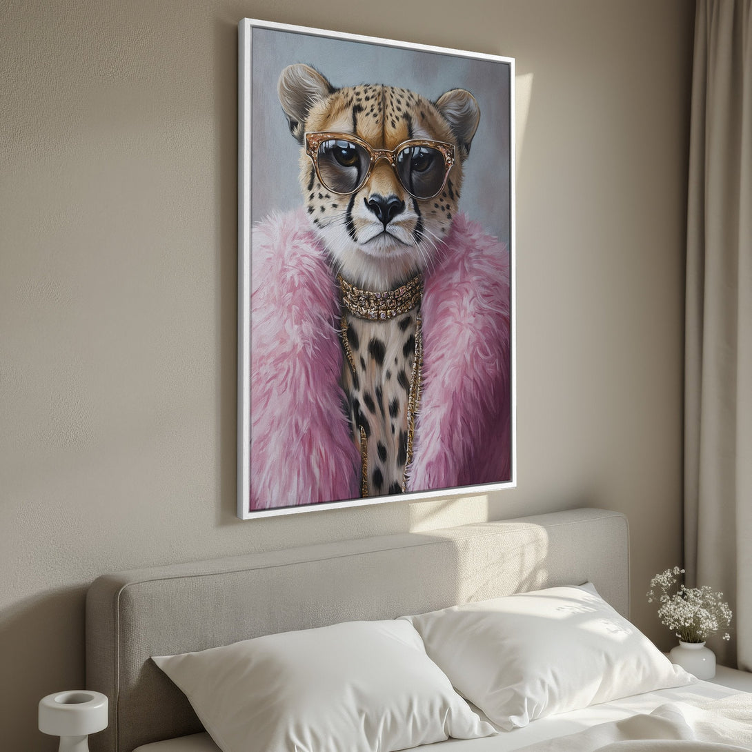 Framed Wall Art: Stylish cheetah portrait with pink fur & sunglasses. Modern canvas print in neutral & pink tones, perfect for bedroom decor.