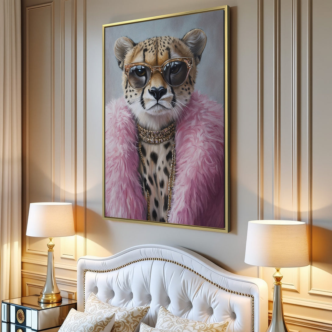 Canvas Print of a stylish cheetah wearing sunglasses and pink fur, perfect for adding a pop of color to your home decor.