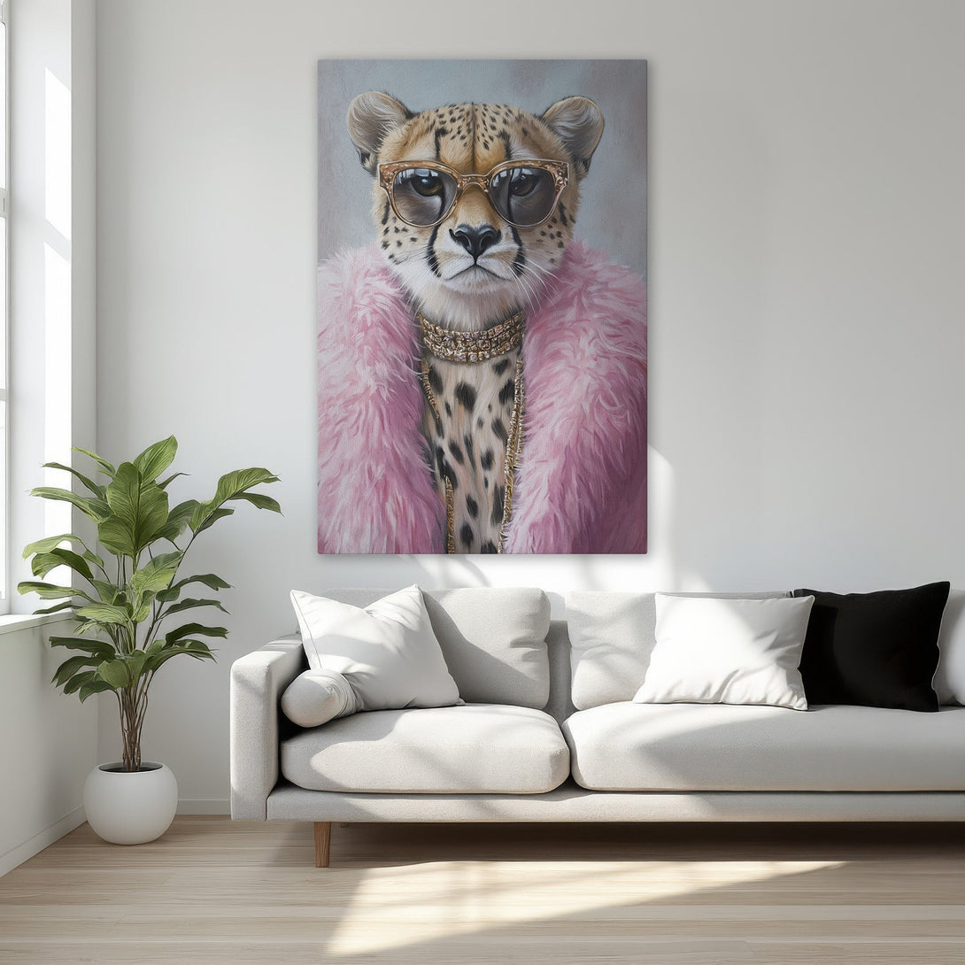 Framed Wall Art featuring a stylish cheetah in sunglasses and pink fur. A chic and playful piece with a neutral and pink color palette.