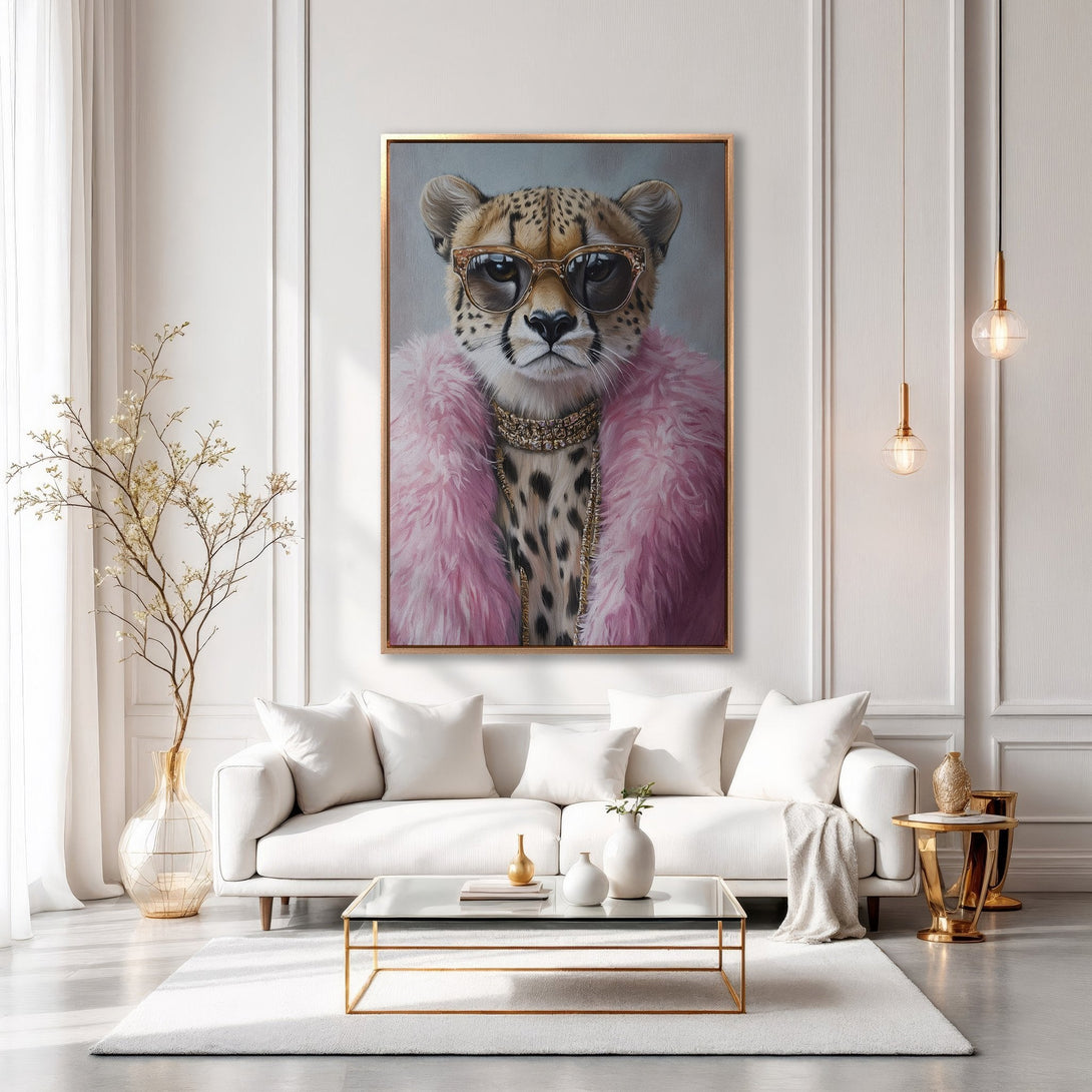 Framed Wall Art: Stylish cheetah portrait in sunglasses and pink fur. Modern, elegant decor with a neutral and gold color palette. Elevate your space!
