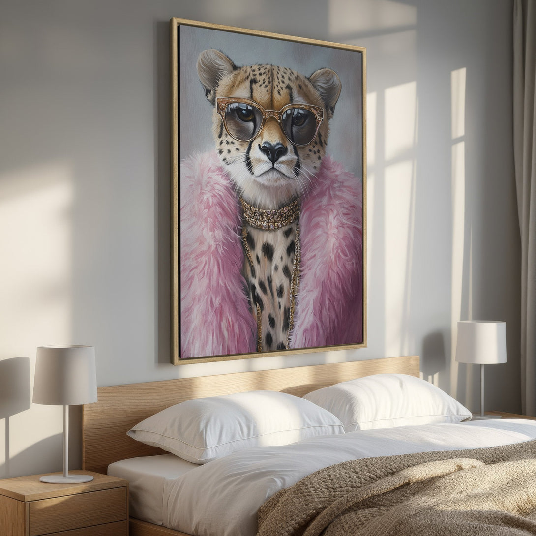 Framed Wall Art: Chic cheetah portrait in pink and gold. Modern canvas print adds a touch of luxury to any bedroom decor.