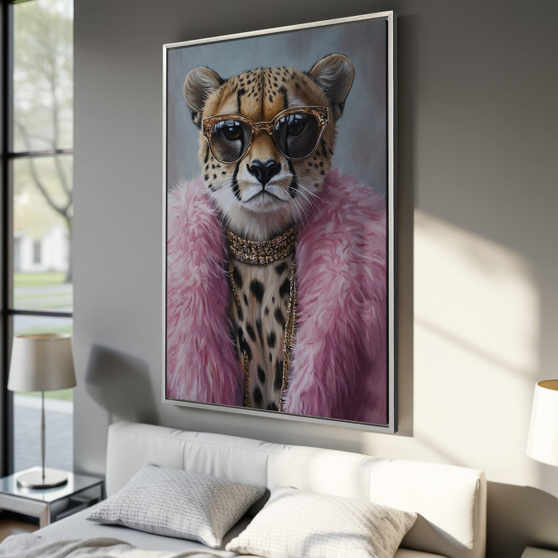 Framed Wall Art: Stylish cheetah portrait in pink and gold. Modern wall decor for a chic home. Shop our Canvas Print collection today!