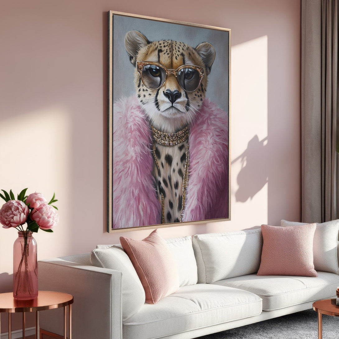Framed Wall Art: Stylish cheetah portrait in sunglasses & pink fur. Modern art in a blush & gold interior. Perfect wall decor for a chic living room.