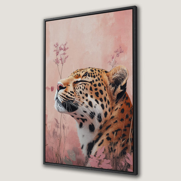 Framed Wall Art: Leopard portrait in soft pink and orange hues. Elegant animal art canvas print for modern home decor.