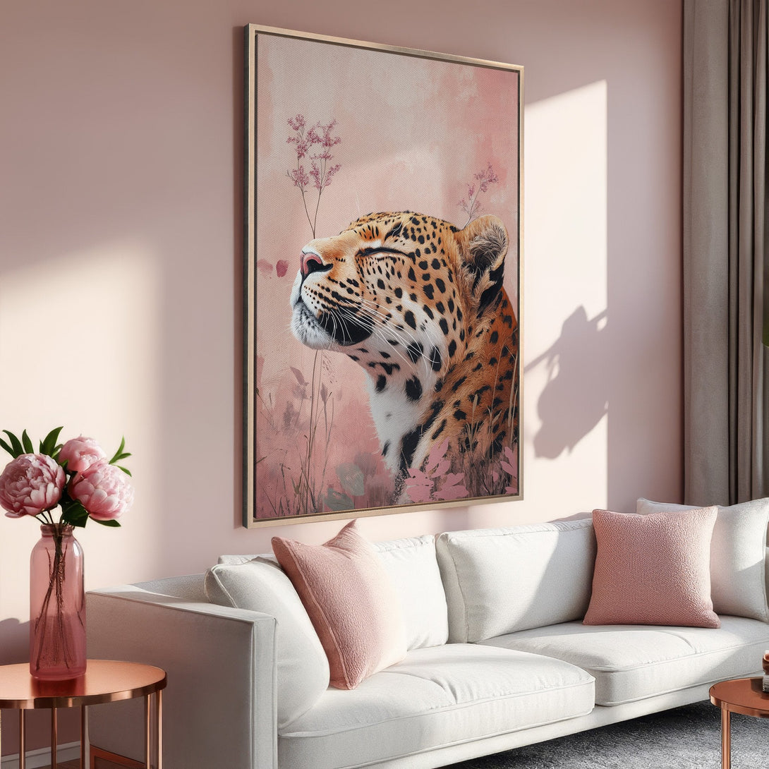 Framed Wall Art: Leopard Canvas Print in pink and beige tones. Modern animal art for a stylish living room. Shop now!