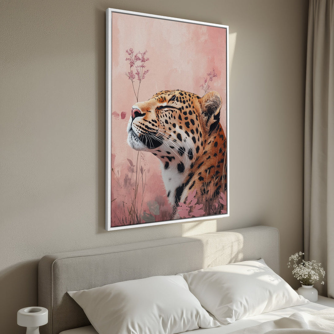 Framed Wall Art: Serene leopard print in a soft pink and beige palette. Perfect for adding a touch of nature and elegance to your bedroom decor.