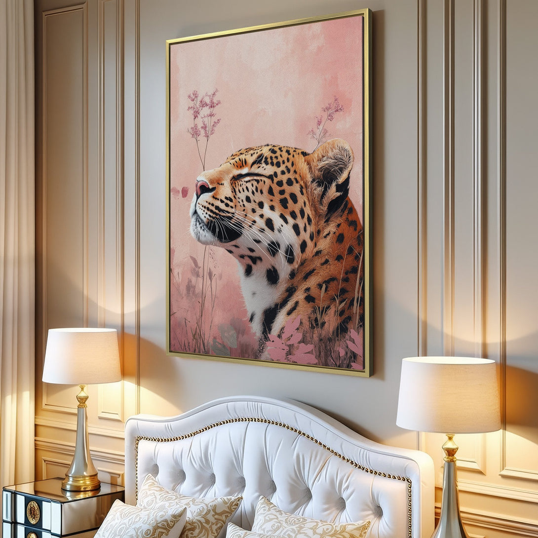 Canvas Print of a leopard in a soft, painterly style with a pink and orange color palette, perfect for adding a touch of nature to your home.