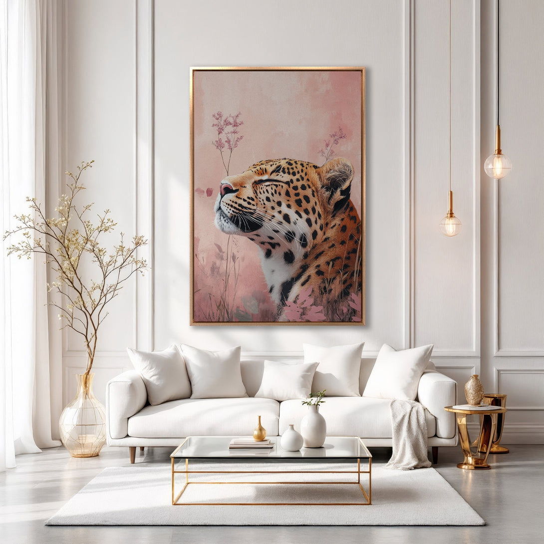 Framed Wall Art featuring a serene leopard in a blush pink and gold color palette, perfect for adding a touch of elegance to any space.