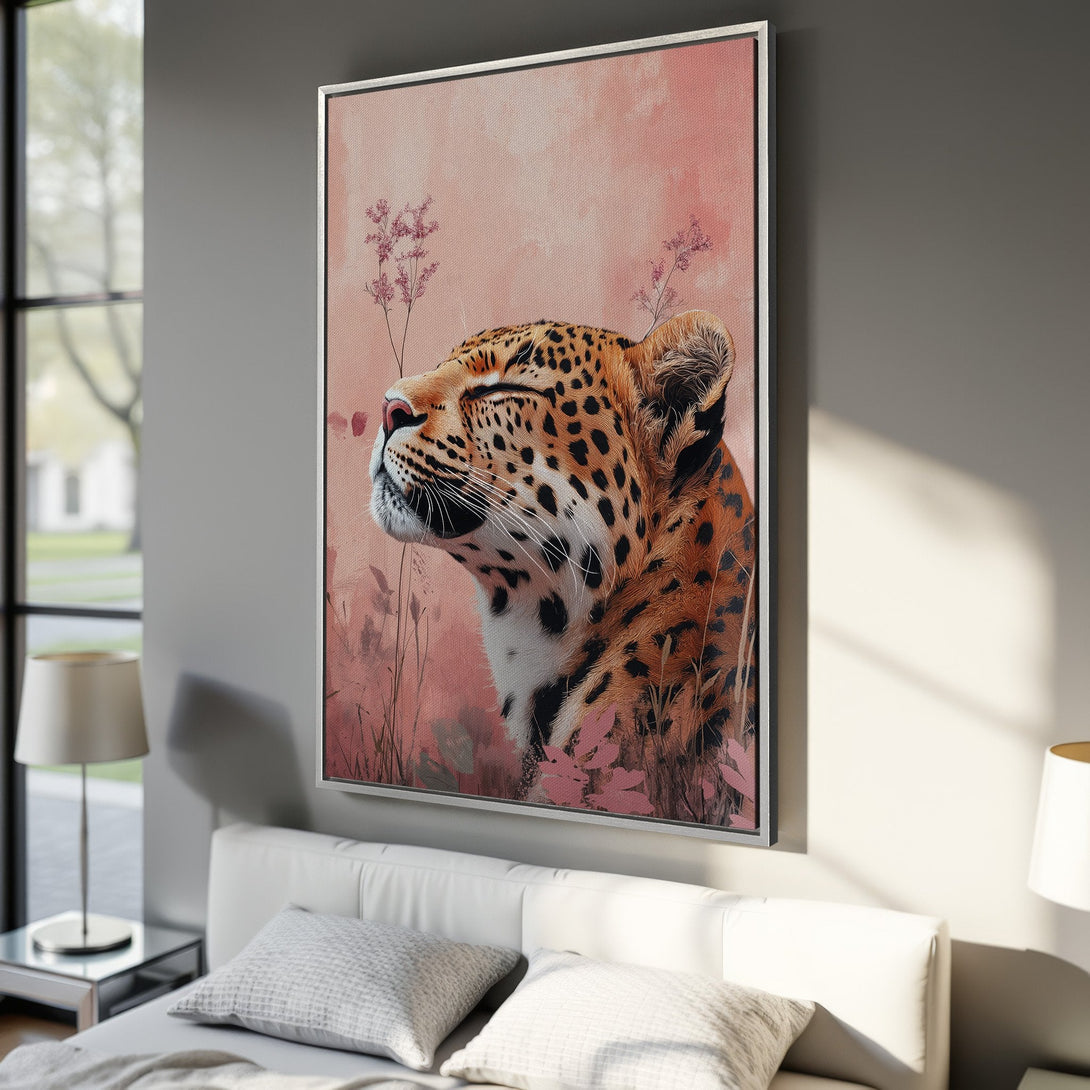 Framed Wall Art featuring a serene leopard portrait in warm orange and pink tones, perfect for adding a touch of elegance to your home decor.