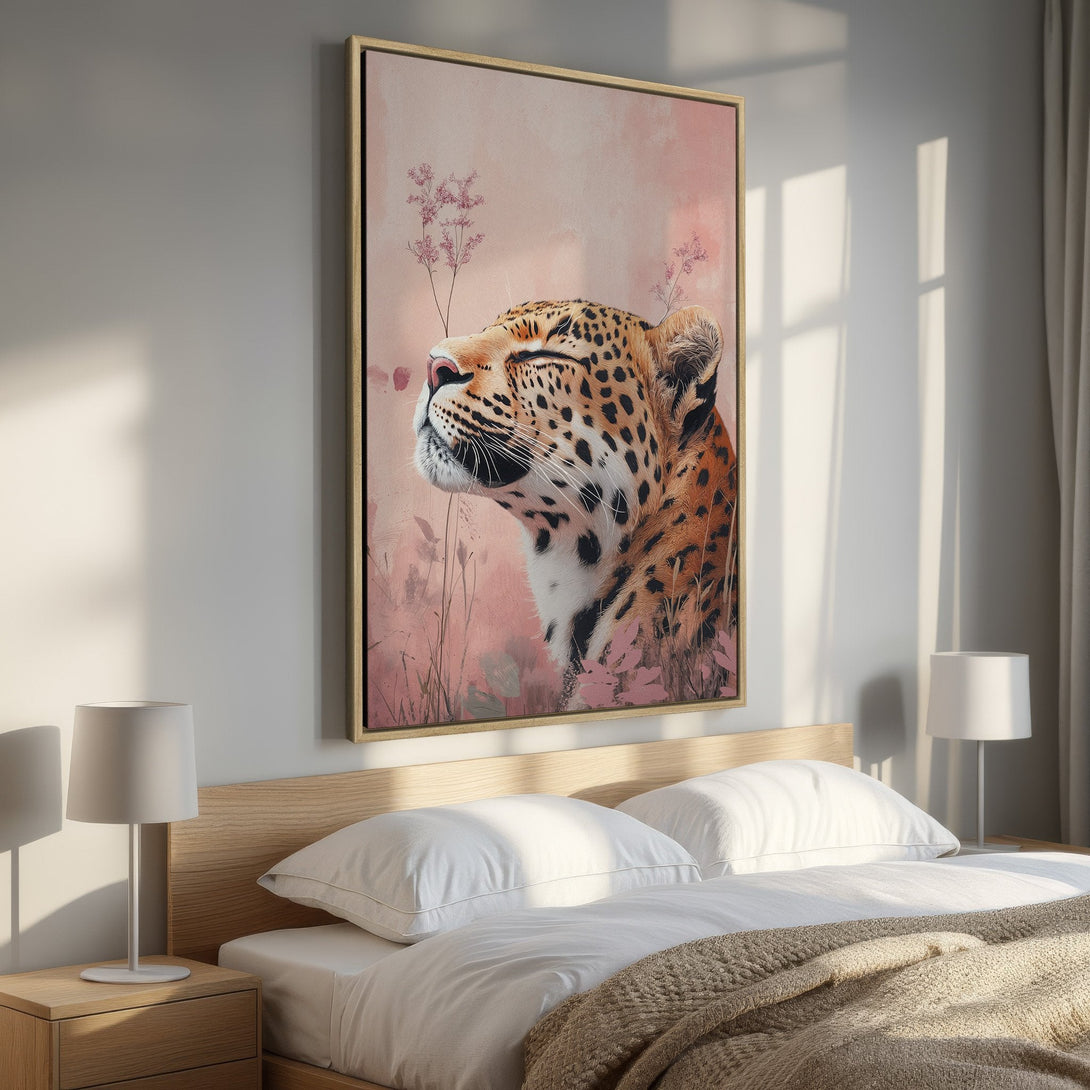 Framed Wall Art featuring a serene leopard portrait in warm, earthy tones. Perfect for adding a touch of nature and elegance to your bedroom decor.