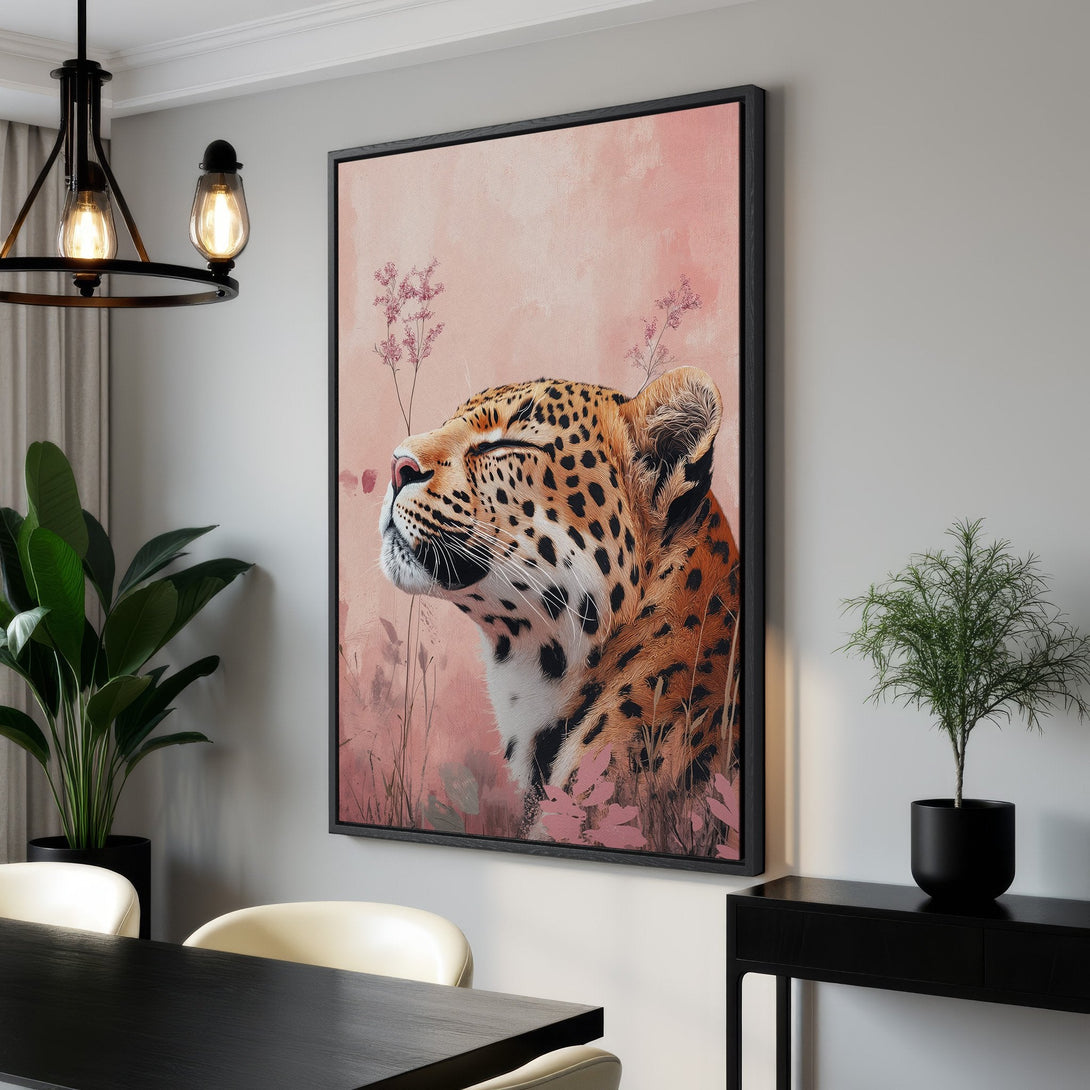 Framed Wall Art featuring a serene leopard in a soft, painterly style with a blush pink and warm neutral color palette. Perfect for adding elegance to any space.