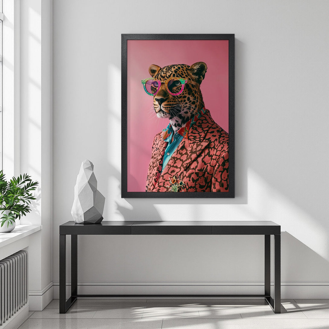 Framed Poster featuring a stylish leopard in a suit and glasses. Modern art with a pink and coral color palette. Add a touch of fun to your decor!