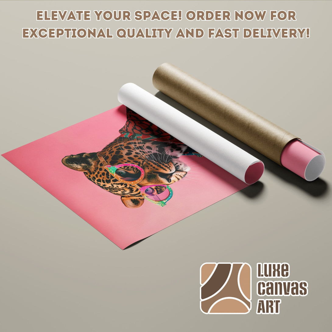 Poster Roll featuring a leopard with sunglasses, pop art style, pink and neutral color palette. Order now!