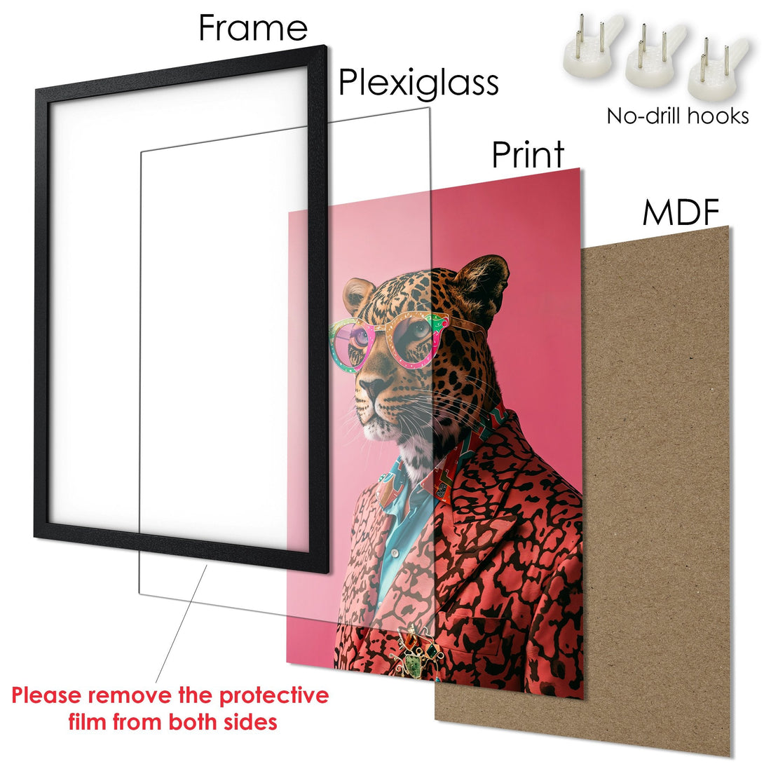 Framed Poster featuring a stylish leopard in a red and black patterned jacket, vibrant pink background, and a black frame.