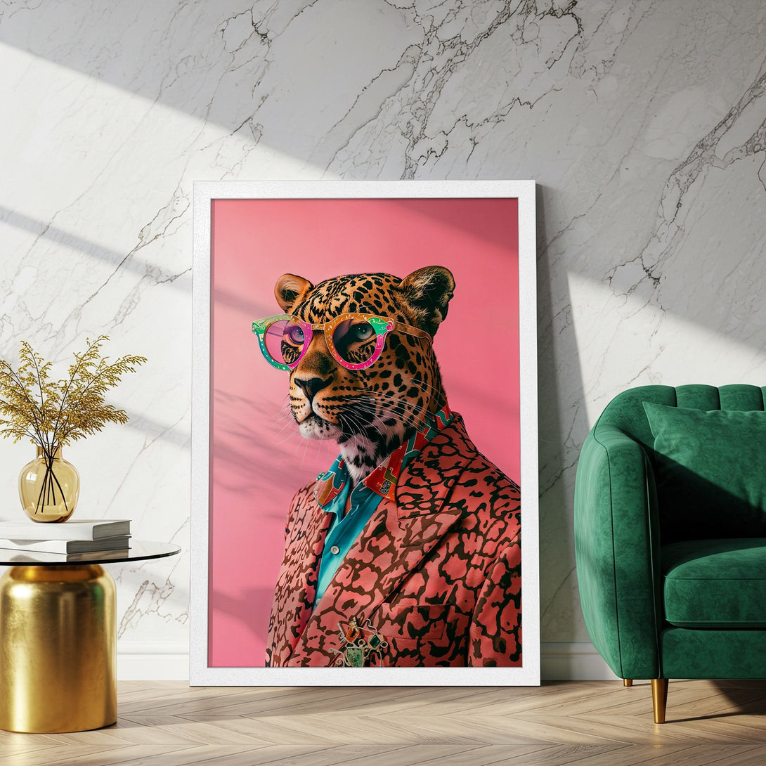 Framed Poster featuring a stylish leopard in a suit, vibrant pink and green color palette, perfect wall art.