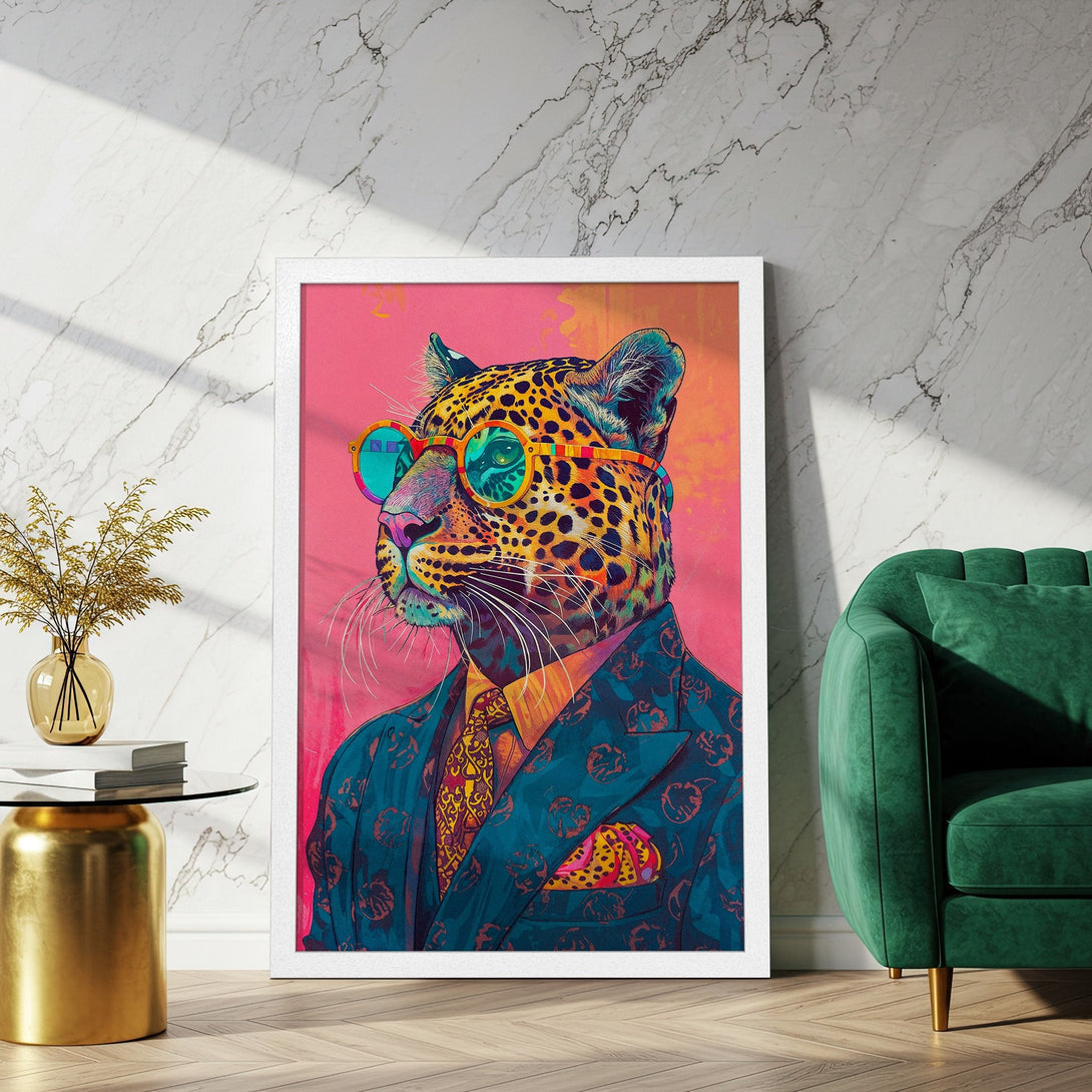 Framed Poster featuring a stylish leopard in a suit. Pop art style with vibrant teal, pink, and gold color palette. Add a touch of flair to your space!