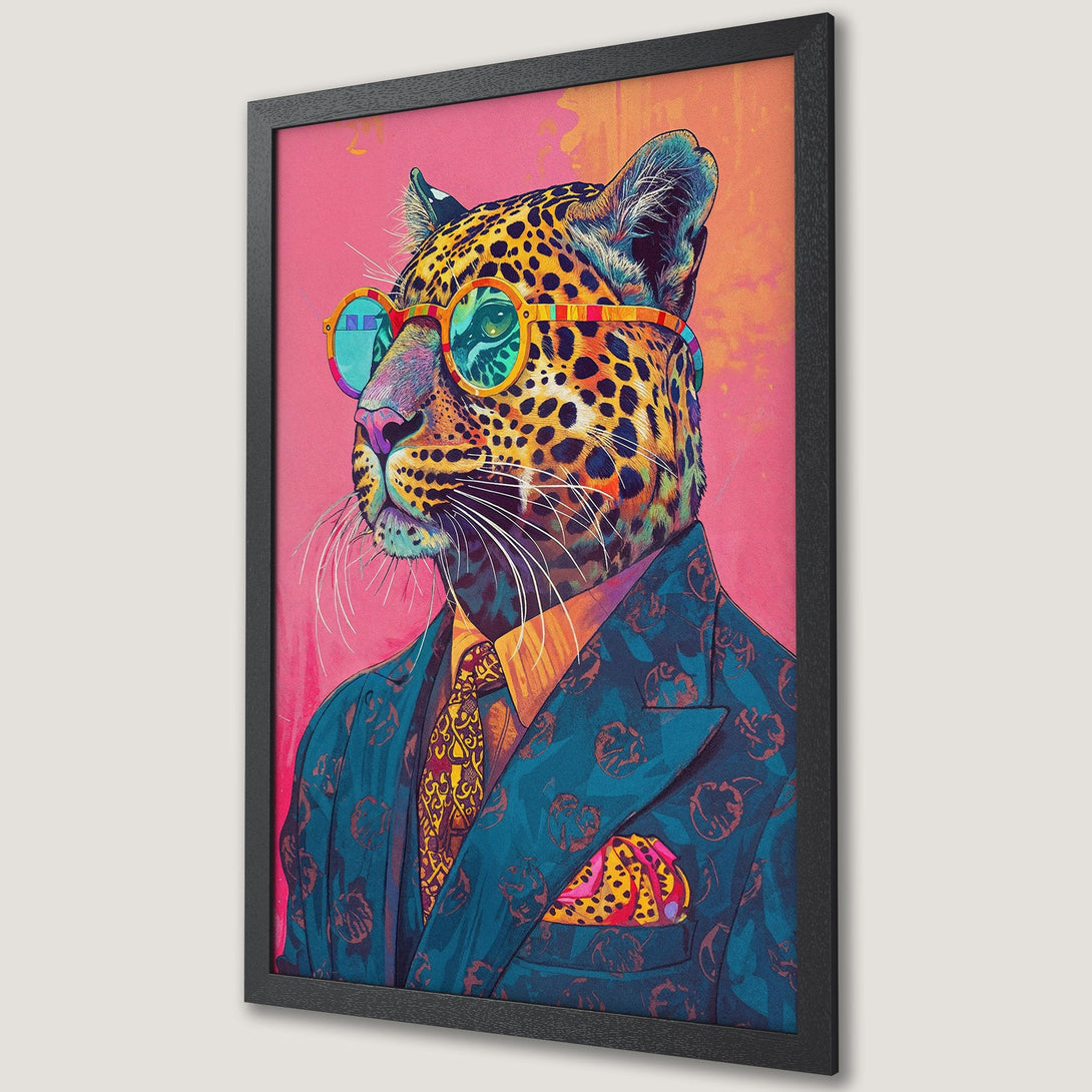 Framed Poster: Hipster leopard in suit, pop art style, vibrant pink & teal color palette. Unique wall art.