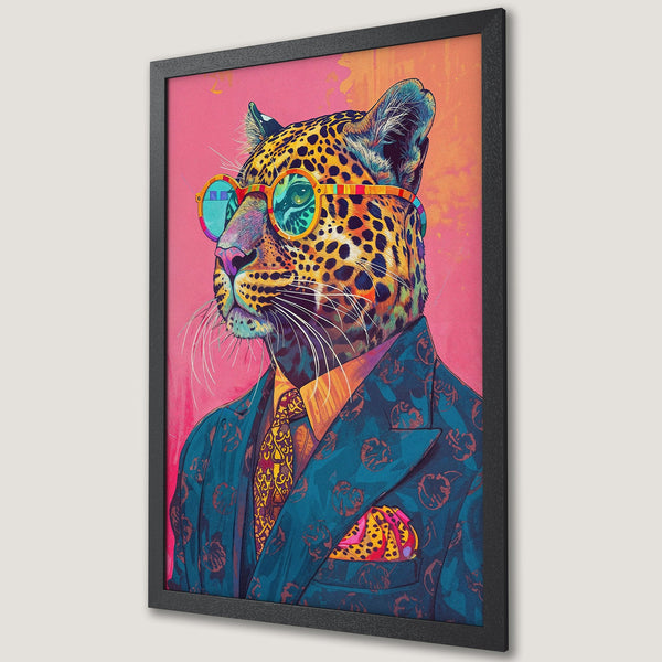 Framed Poster: Hipster leopard in suit, pop art style, vibrant pink & teal color palette. Unique wall art.