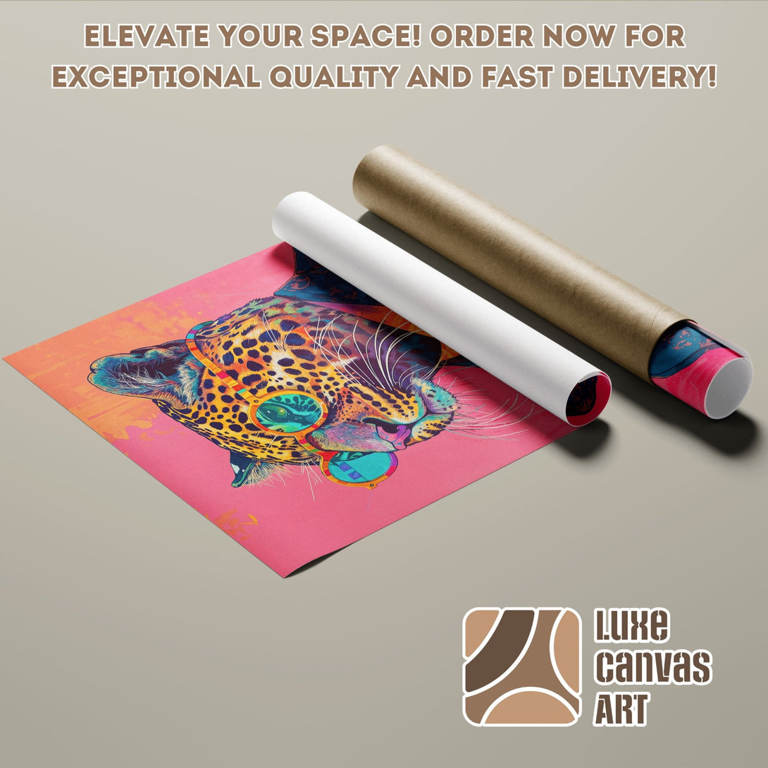 Vibrant leopard Poster Roll art. Pop art style with pink, orange, and teal colors. Elevate your space today!