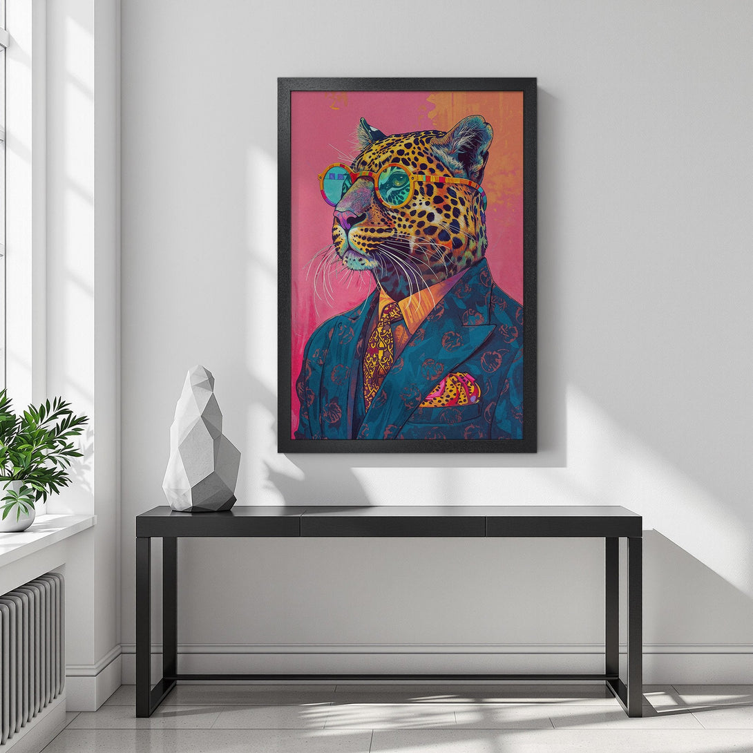 Framed Poster featuring a stylish leopard in a suit, vibrant pop art style, with a colorful pink and teal palette. Add a touch of wild!