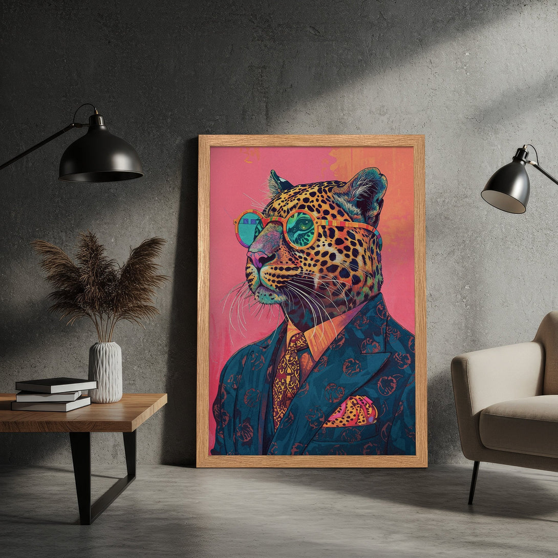 Framed Poster featuring a stylish leopard in a suit, vibrant pop art style with a pink, teal, and orange color palette. Elevate your space!