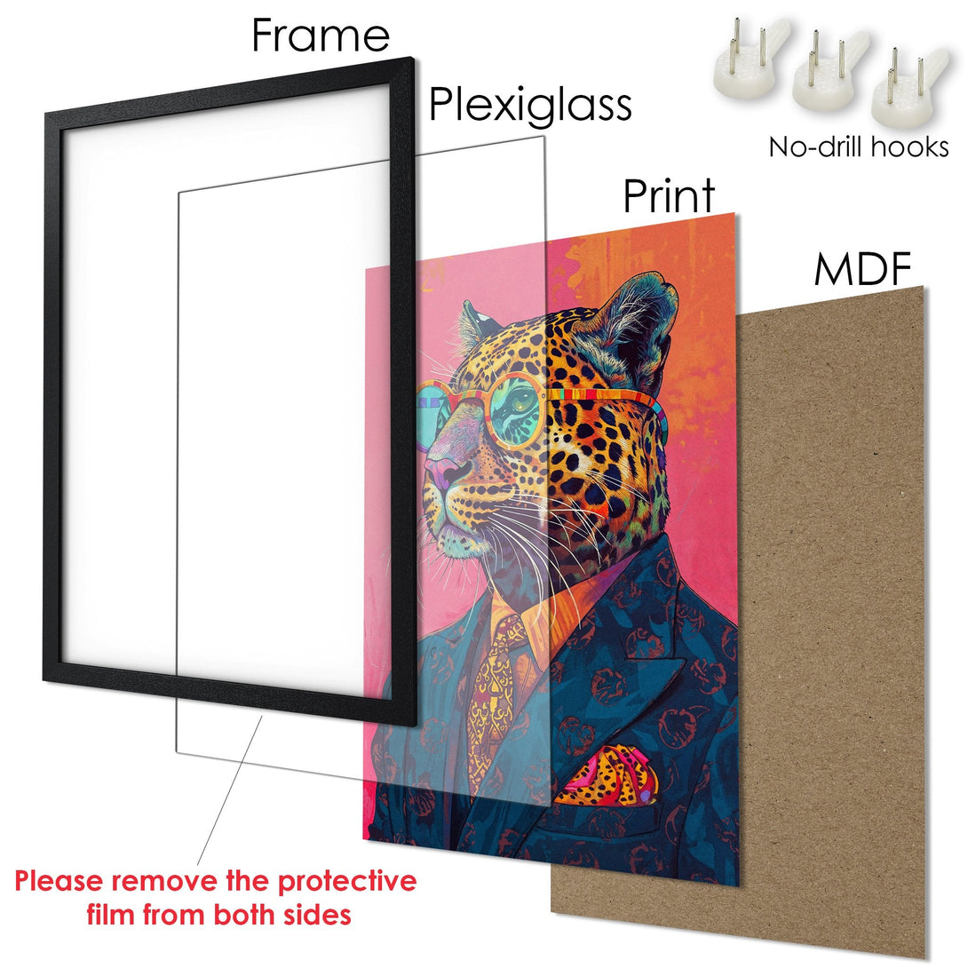 Framed Poster featuring a stylish leopard in a suit. Vibrant colors and pop art style. Perfect wall art for any room!