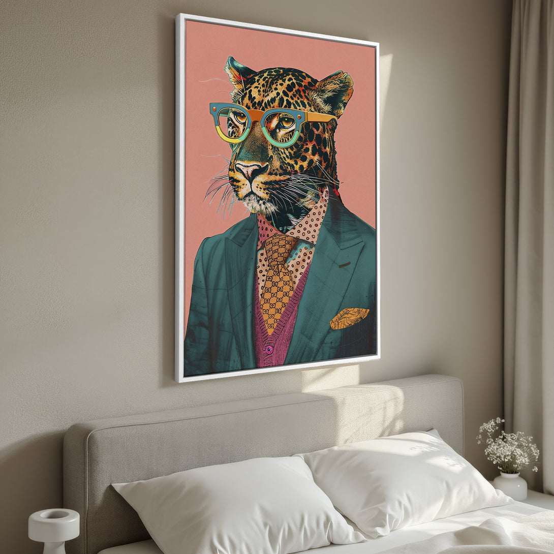Framed Wall Art of a stylish leopard in a suit. Pop art style with a pink, teal, and gold color palette. Perfect for adding personality to any room!