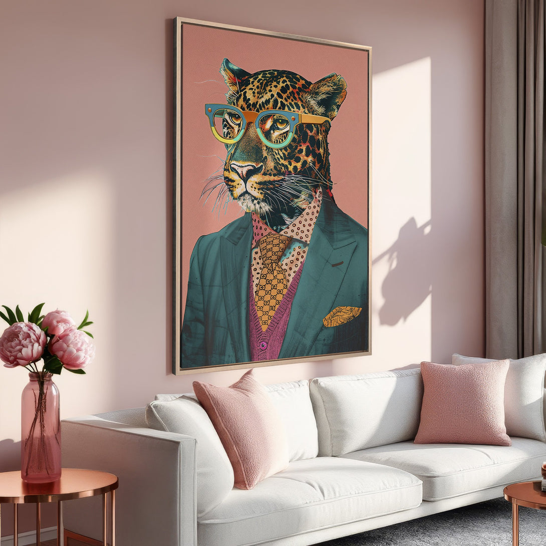 Framed Wall Art featuring a stylish leopard in a suit with glasses. Modern, colorful art with pink and green hues, perfect for home decor.