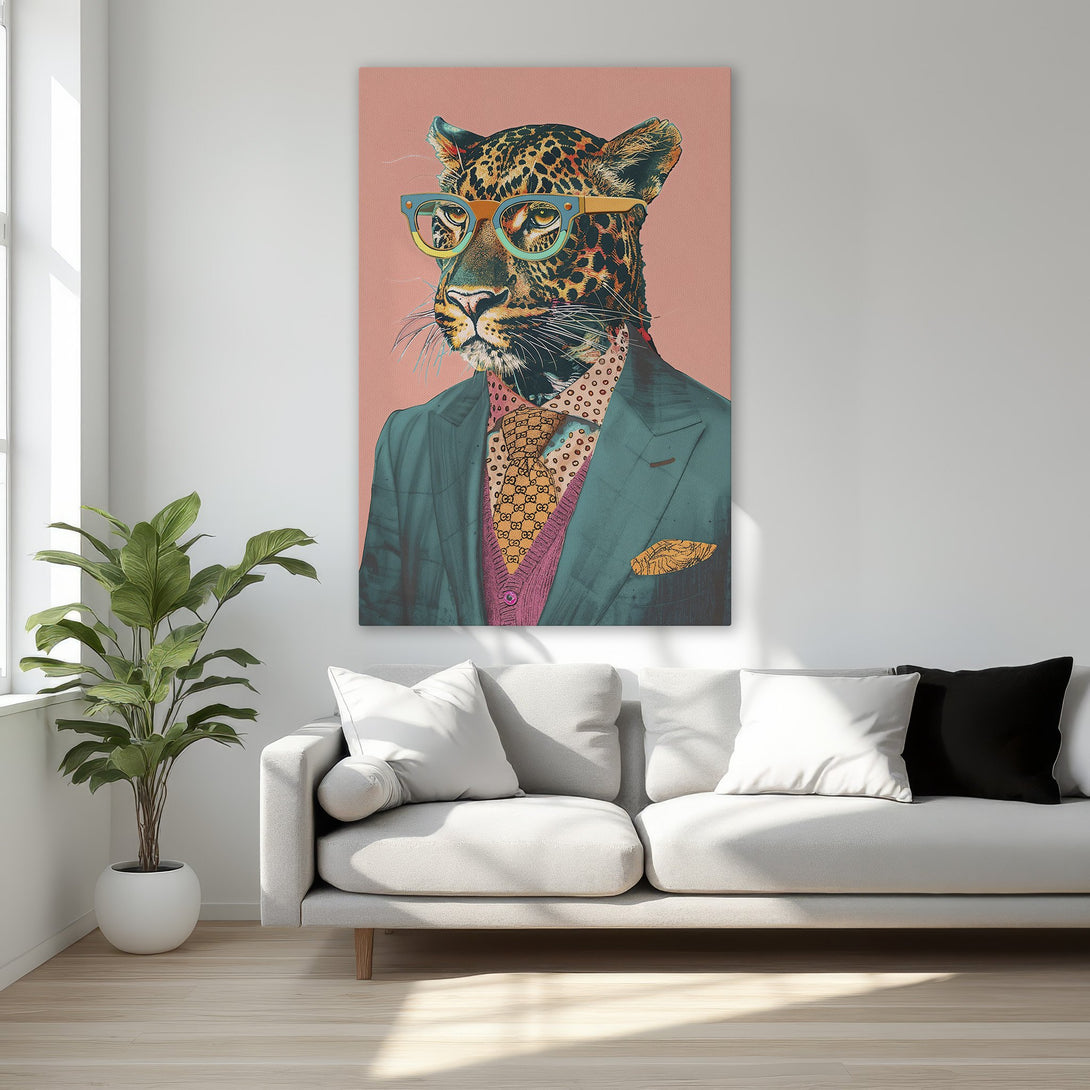 Framed Wall Art: Stylish leopard in a suit with glasses. Modern pop art style with a pink, teal, and gold color palette. Perfect for a bedroom.
