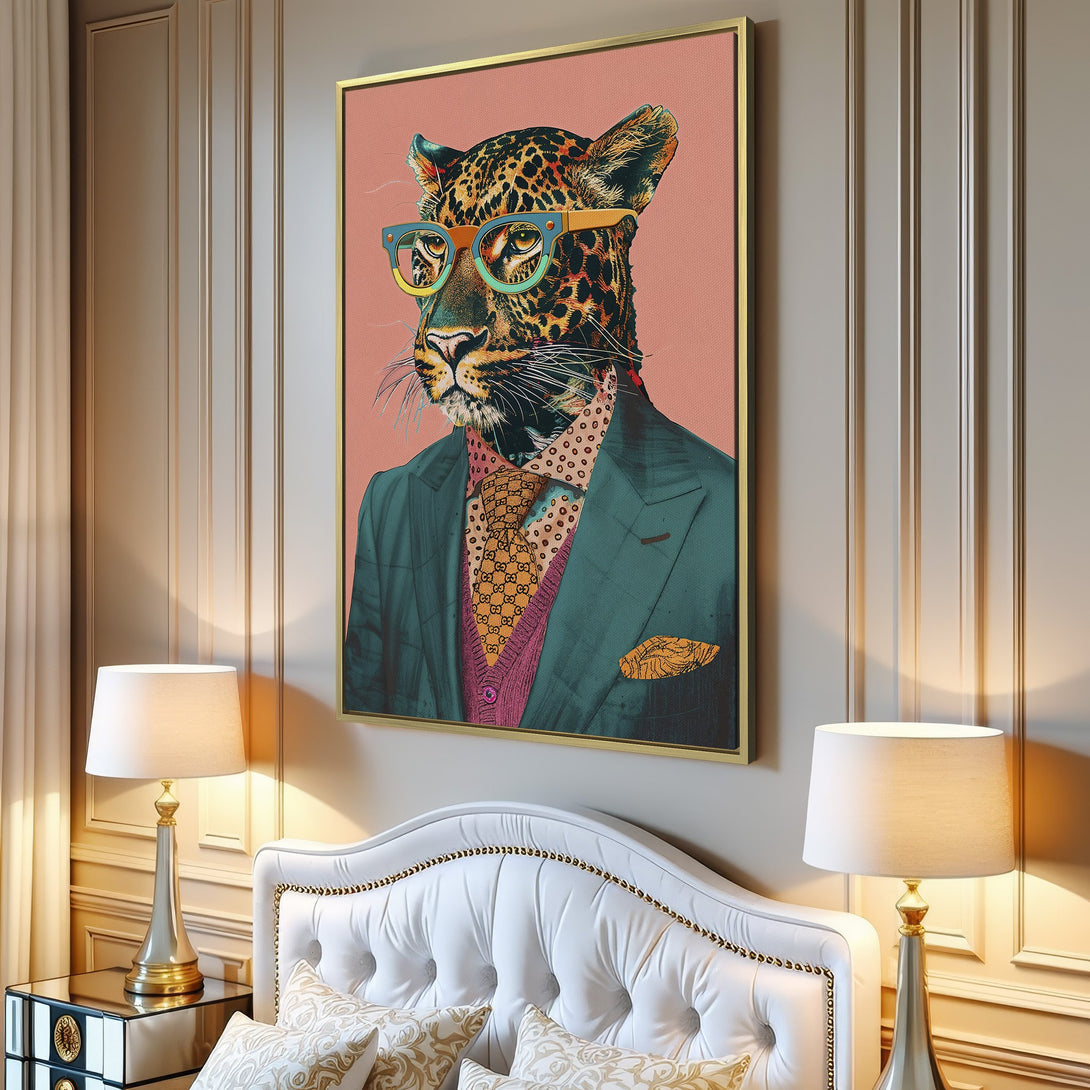 Canvas Print featuring a stylish leopard in a suit, vibrant colors, and a modern, whimsical style. Perfect wall art for a unique home decor statement.
