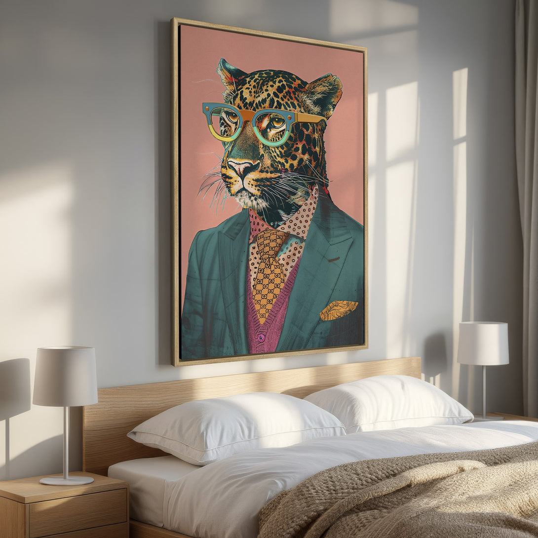 Framed Wall Art featuring a stylish leopard wearing glasses and a suit. Colorful, pop art style with a pink and teal color palette. Perfect for bedroom decor.