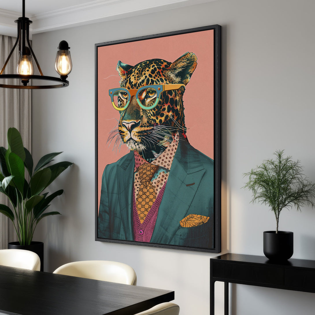 Framed Wall Art: Hipster leopard in a suit, vibrant colors. Modern pop art style canvas print for home decor. Add personality to your space!