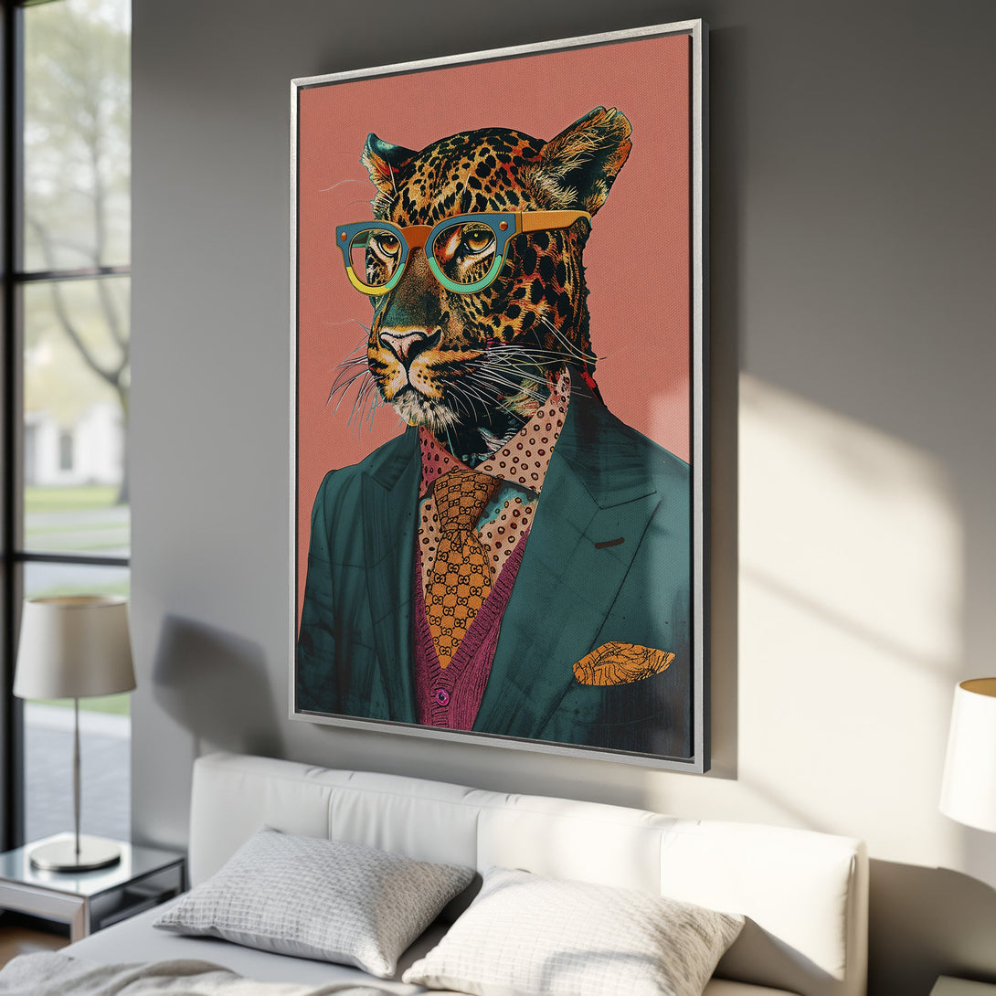 Framed Wall Art of a leopard in a suit with glasses, pop art style, featuring a teal, pink, and gold color palette. Perfect for modern decor.