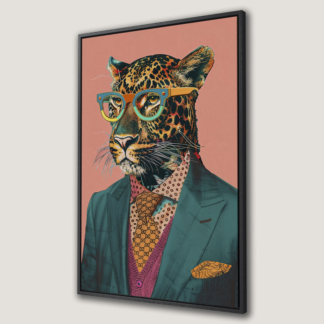 Framed Wall Art: Stylish leopard portrait in a suit with glasses, featuring a vibrant color palette of teal, pink, and gold. Perfect for modern decor!