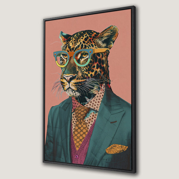 Framed Wall Art: Stylish leopard portrait in a suit with glasses, featuring a vibrant color palette of teal, pink, and gold. Perfect for modern decor!