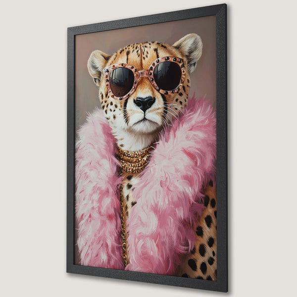 Framed Poster featuring a stylish cheetah wearing sunglasses and pink boa. Bold, colorful artwork with a pop art style.