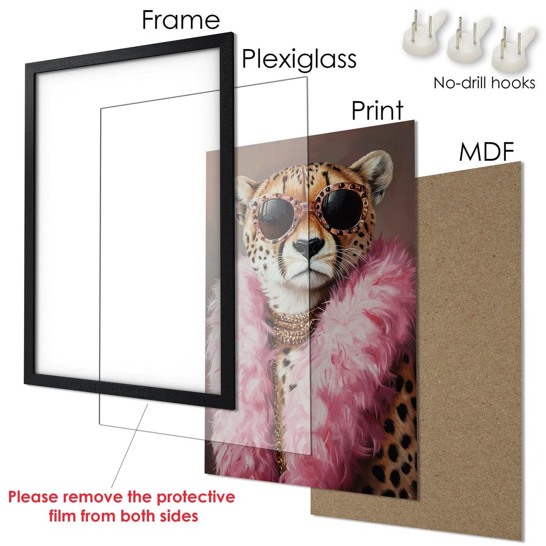 Framed Poster featuring a stylish cheetah in pink and gold. Modern art print with a black frame.